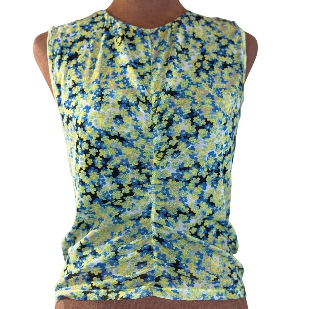 Saunders Collective Floral Mesh Sleeveless Ruched Blouse Women Medium EUC Lined
